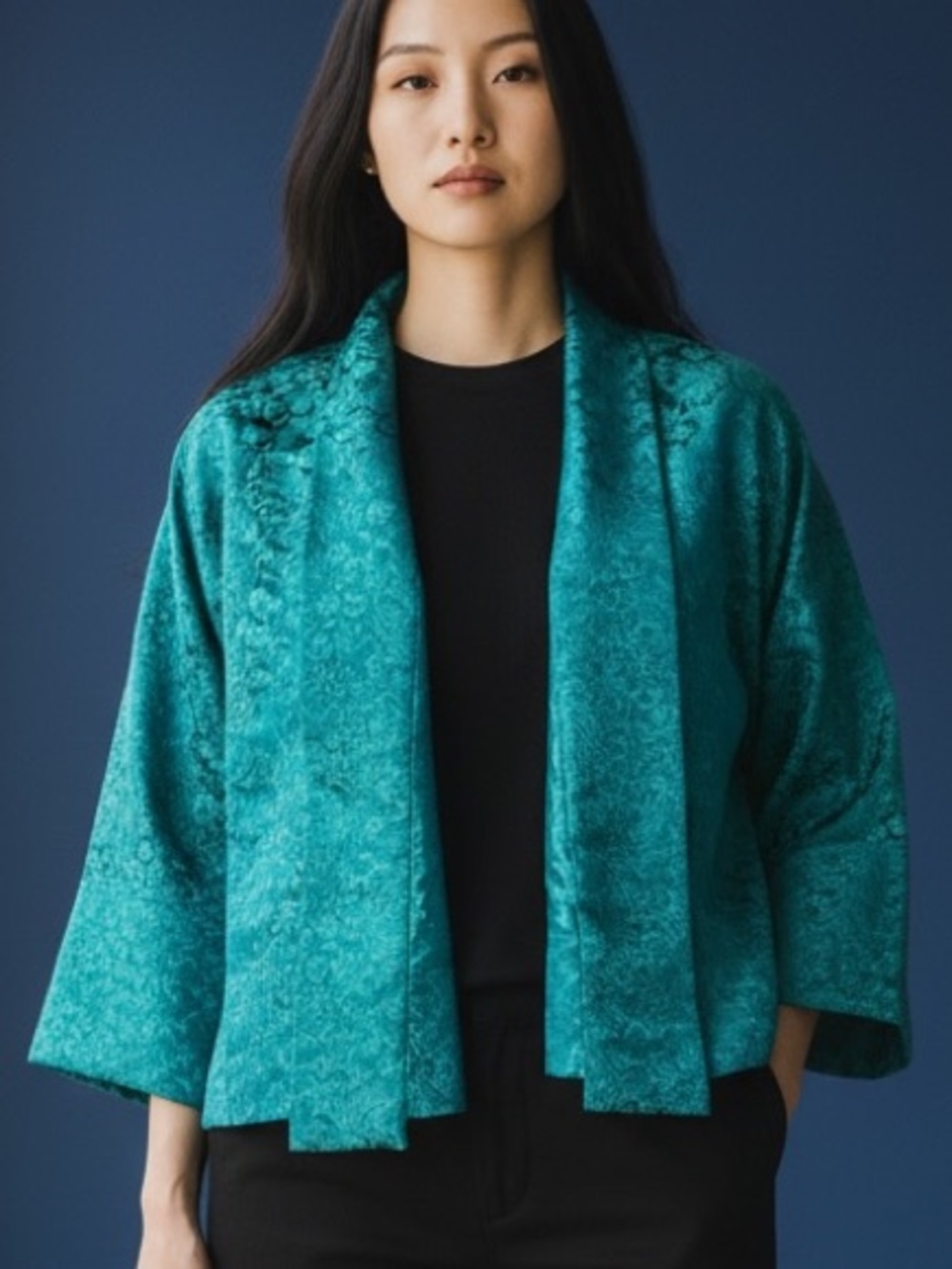 Artisan Crafted Teal Turquoise Satin Jacquard Open Cardigan